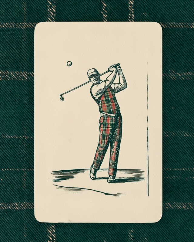 Vintage card design golfer executing a clean iron shot from the fairway