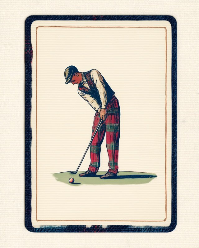 Retro playing card golfer executing a controlled chip shot around the green