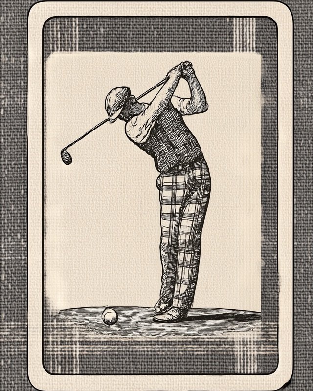 Vintage card illustration of a golfer in a textbook perfect swing stance