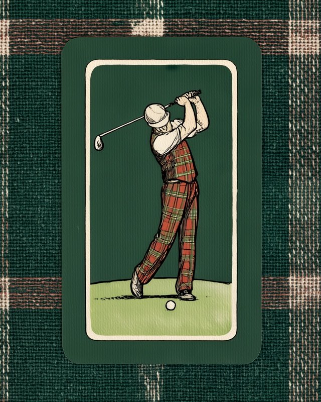 Classic playing card golfer striking a clean iron shot down the fairway