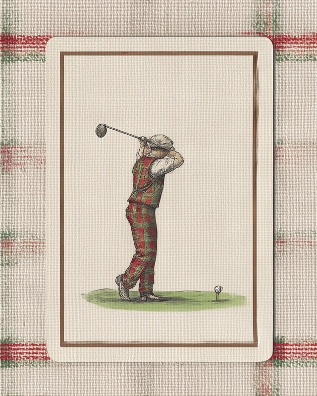 Classic playing card golfer at the peak of a full driver swing