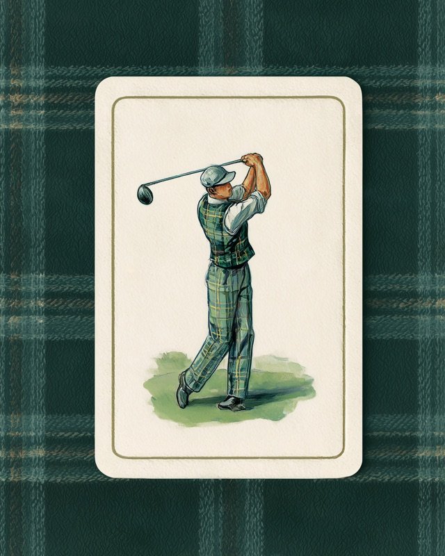 Classic playing card golfer swinging a driver with the course in the background