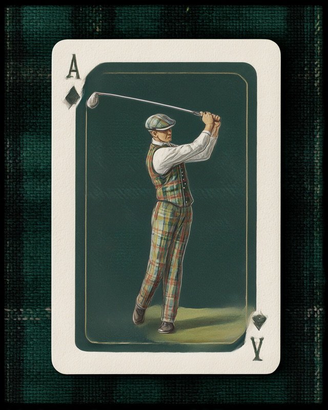Retro card illustration of a golfer winding into a full power driver swing