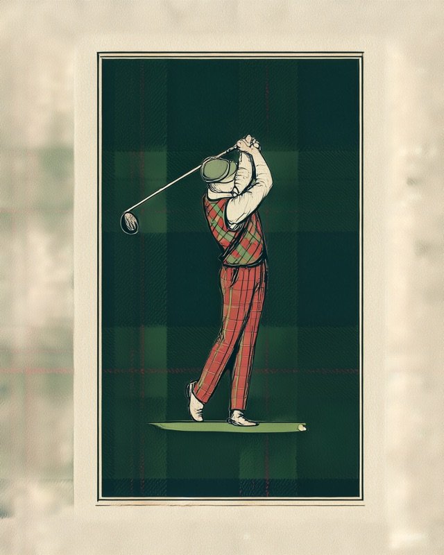 Vintage card style golfer completing a driver swing with a clean full follow-through
