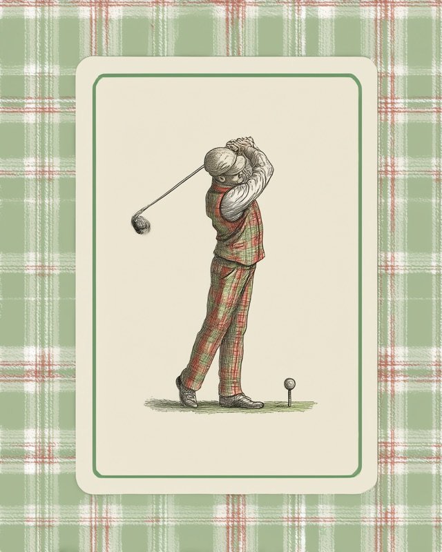 Retro card illustration of a golfer in full swing with a links course stretching behind