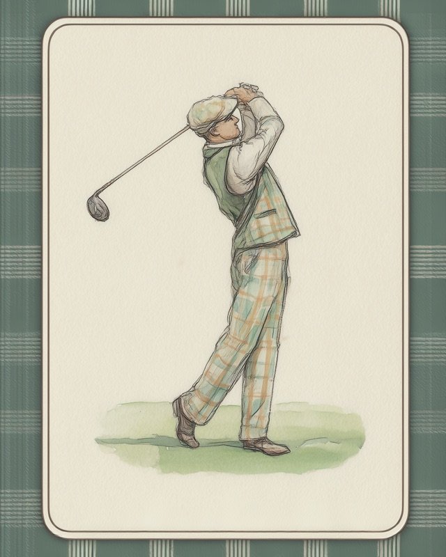Vintage card design golfer powering a long drive from the first tee box