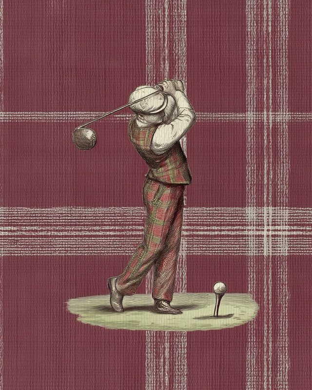 Classic playing card golfer in a full swing at twilight on the fairway