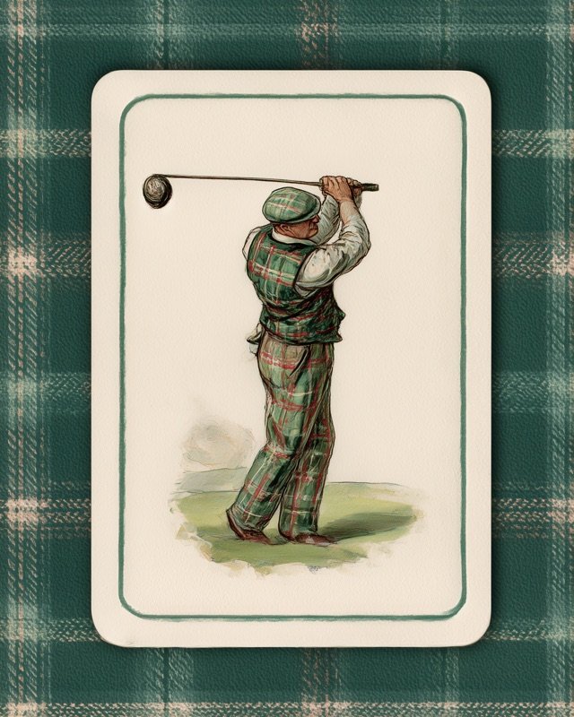 Vintage card illustration of a golfer with a sweeping follow-through on the fairway
