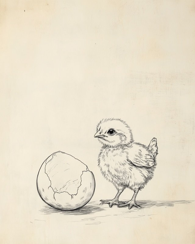 Fine-line ink drawing of a small baby chick standing gently beside a wildflower