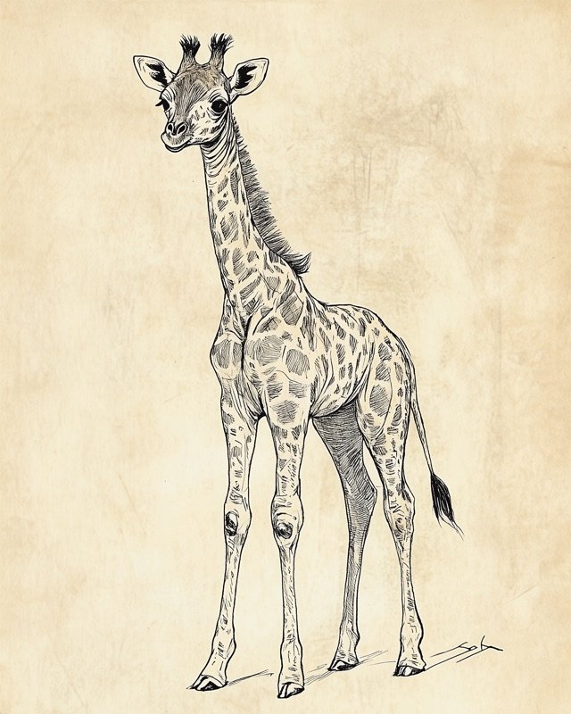 Delicate ink sketch of a baby giraffe balancing on its long legs in a natural setting