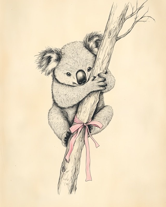 Fine-line antique illustration of a baby koala clinging gently to a eucalyptus branch