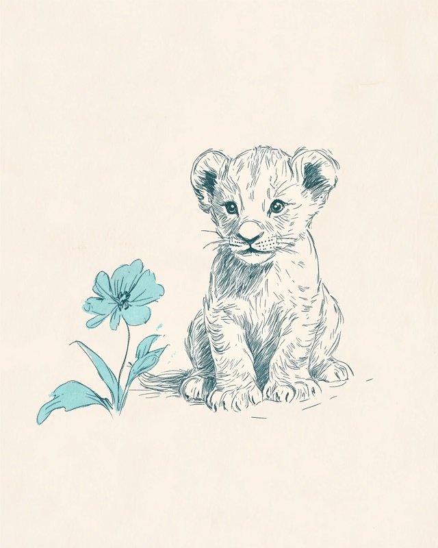 Antique ink sketch of a tiny lion cub sitting softly beside a small wildflower