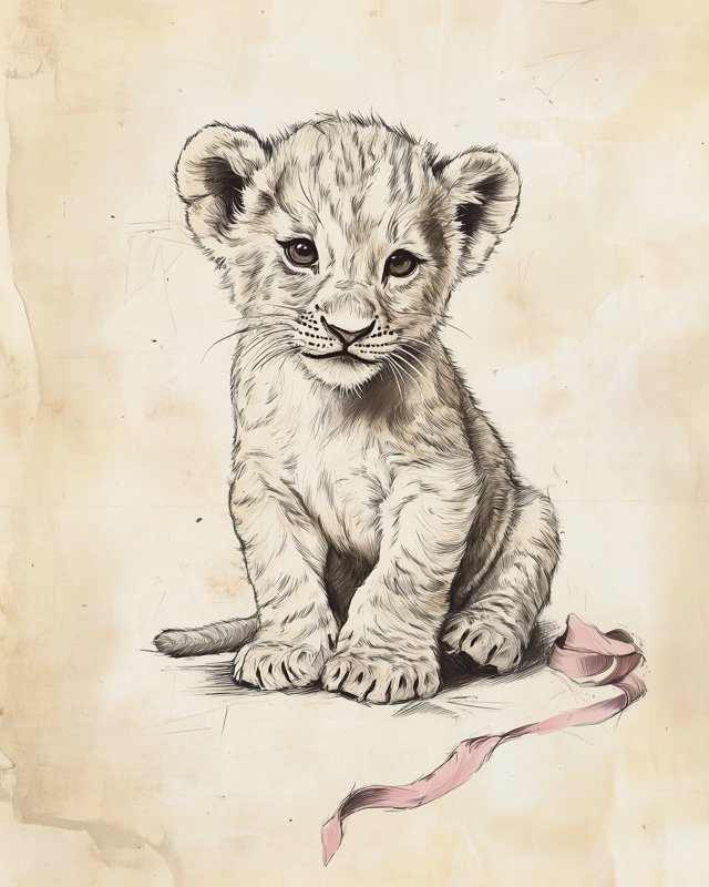 Delicate ink drawing of a baby lion cub with soft fine-line cross-hatching and shading