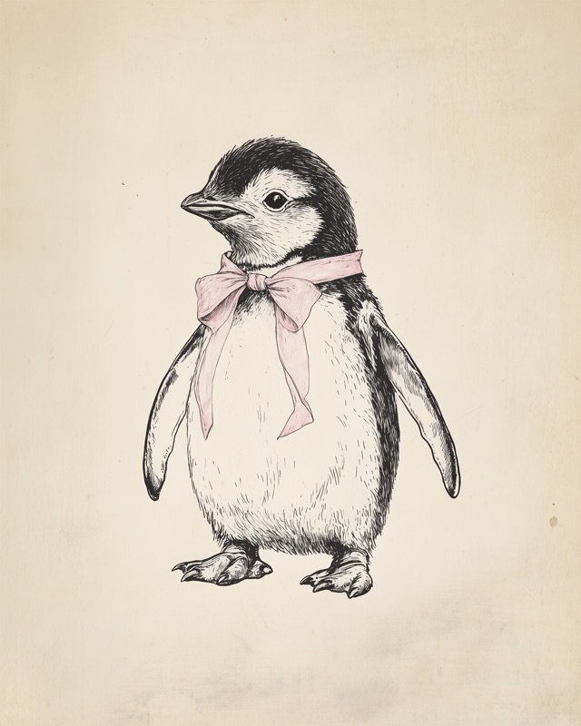 Fine-line antique illustration of a baby penguin standing upright on a small ice ledge