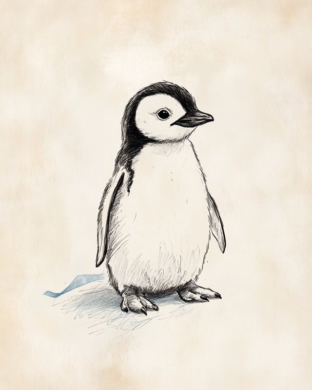 Antique ink sketch of a baby penguin in delicate fine-line illustration style