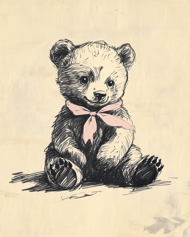 Delicate ink drawing of a small bear cub sitting peacefully on the forest floor