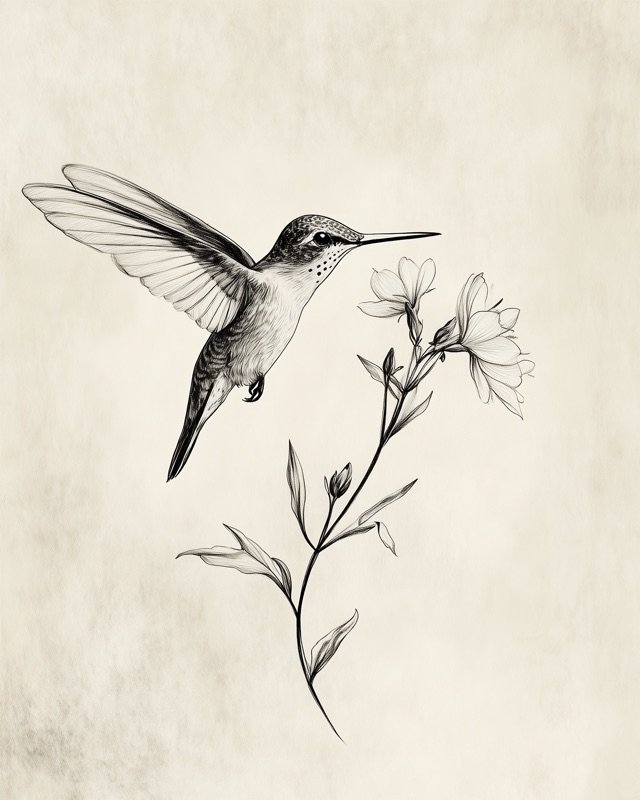 Fine-line antique illustration of a hummingbird hovering alongside an open blossom