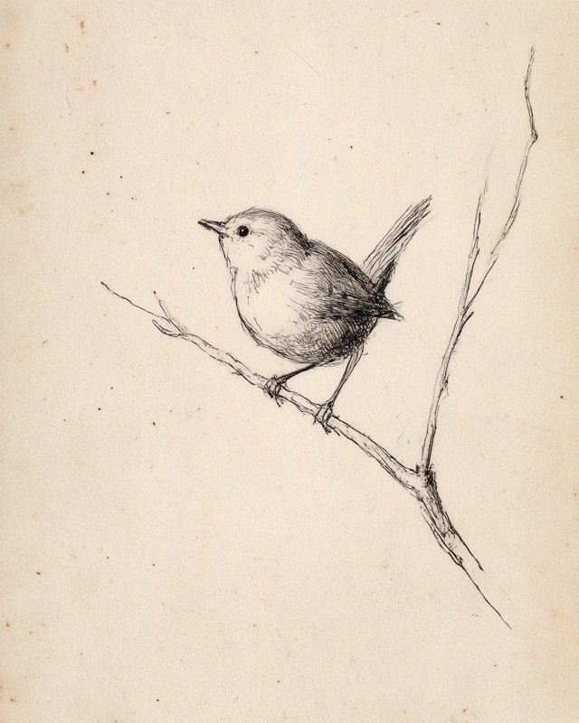 Fine-line ink drawing of a small songbird resting on a twig with open blossoms
