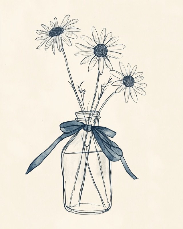 Fine-line antique ink drawing of a small glass vase with a few loosely placed wildflowers