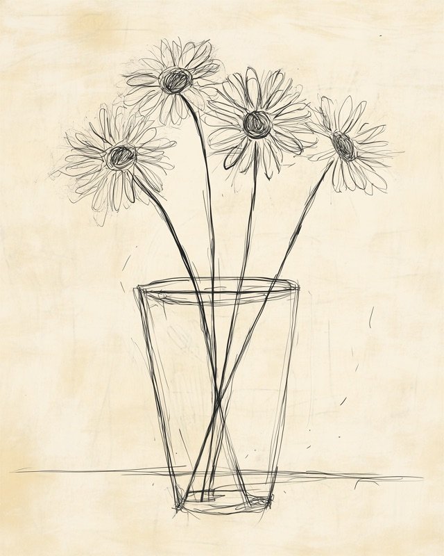 Antique ink illustration of a small glass vase with a minimal arrangement of soft blossoms