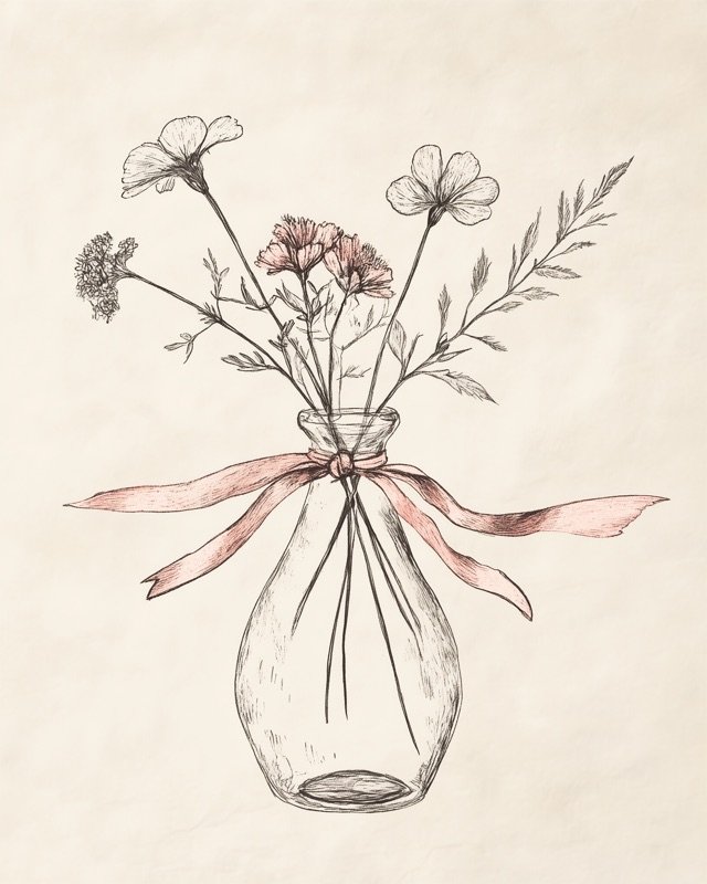 Fine-line antique sketch of a plain glass vase filled with a small mixed bloom arrangement