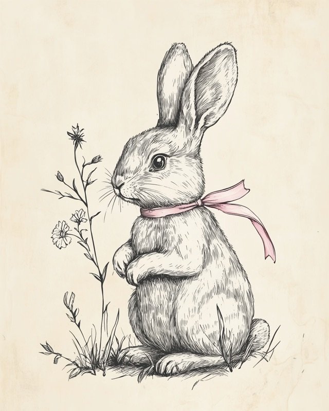 Antique ink drawing of a woodland bunny sitting upright in a soft bed of foliage