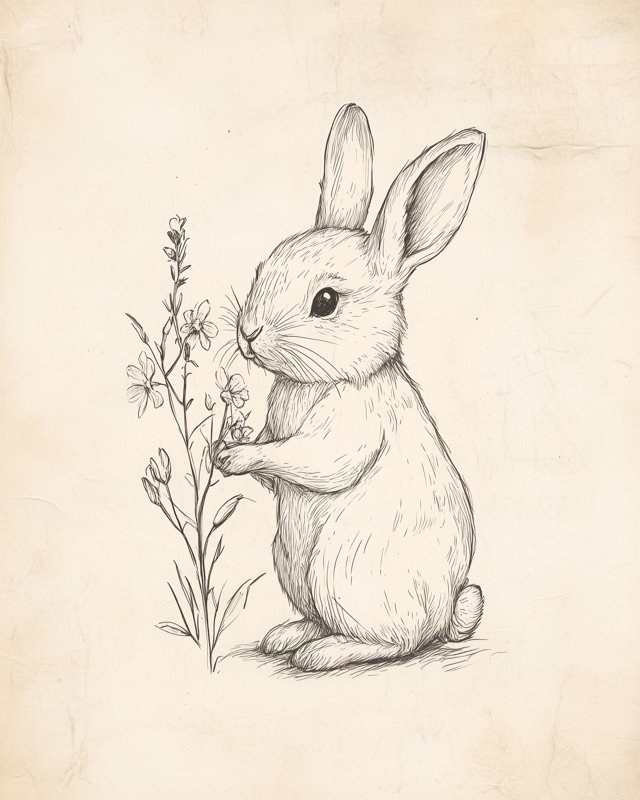 Antique ink illustration of a bunny at rest in a gentle open meadow setting