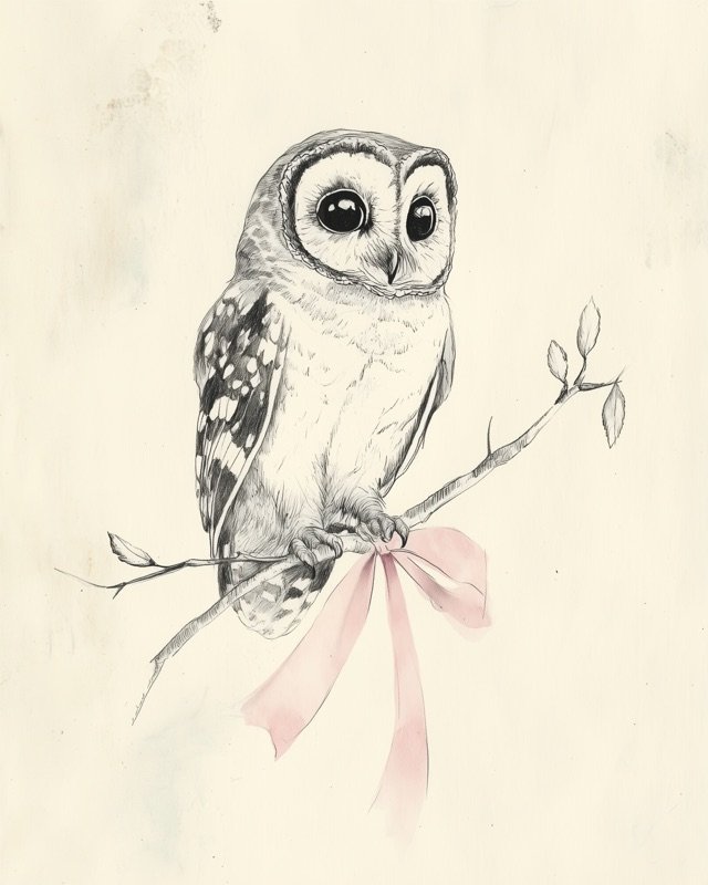 Fine-line antique ink drawing of a wise-looking owl perched quietly on a tree branch