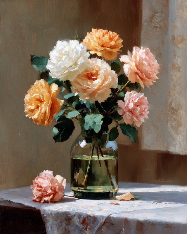 Scroll diploma with a subtle floral accent, painted in an expressive oil style