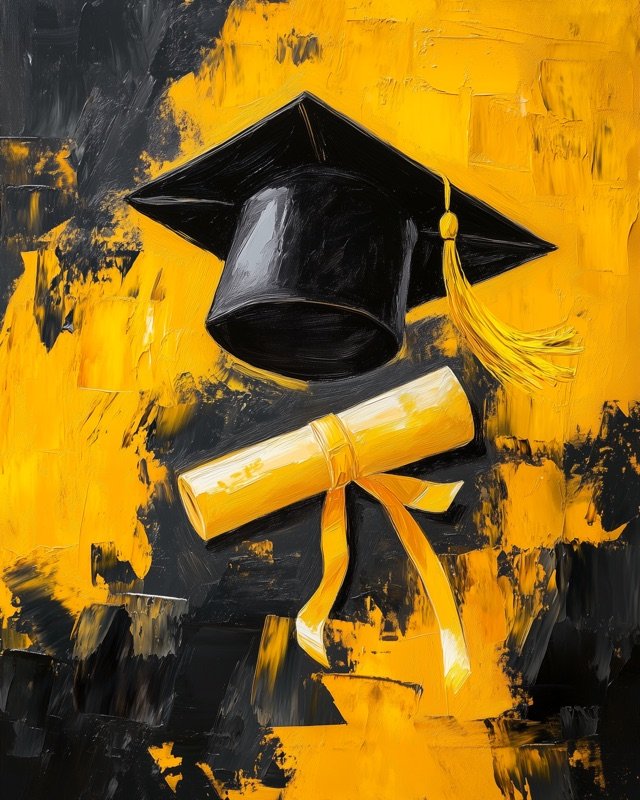 Graduation cap and rolled diploma tied with ribbon, warm oil painting for a home office