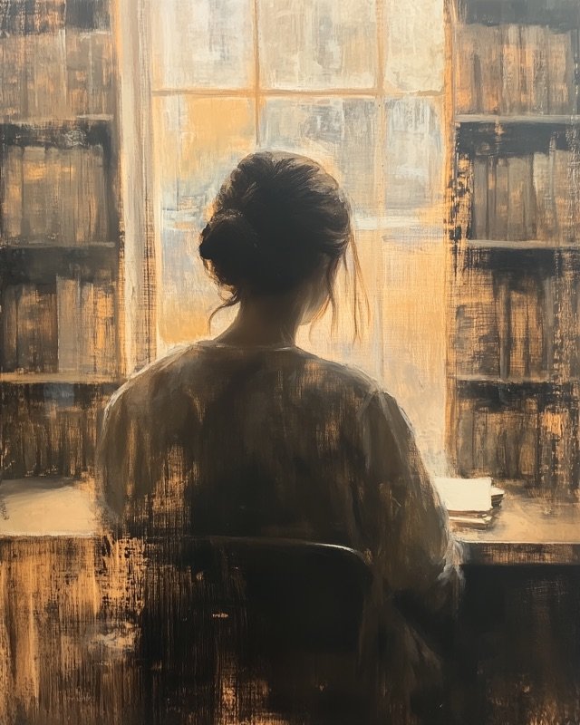 Minimalist oil painting of a teacher silhouette seated at a classroom desk
