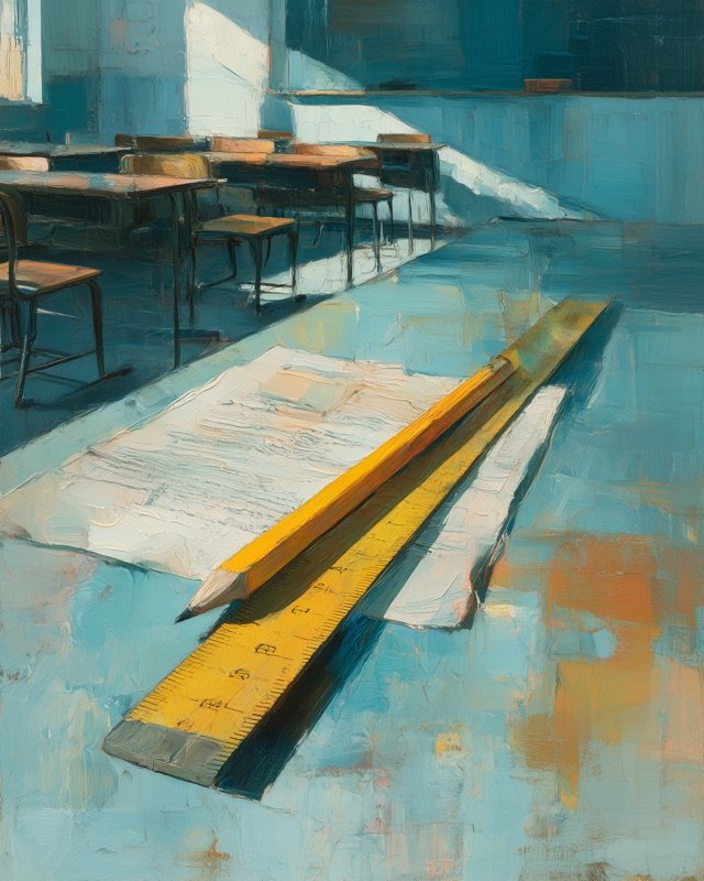 Ruler pencil and diploma arranged in a clean linear composition, oil painting wall art
