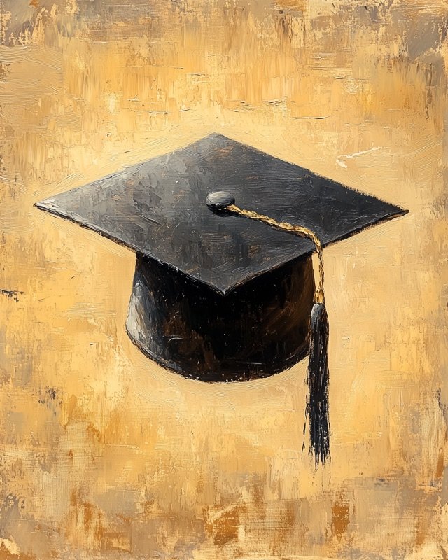 Single graduation cap in a minimal clean oil painting, understated home office wall art