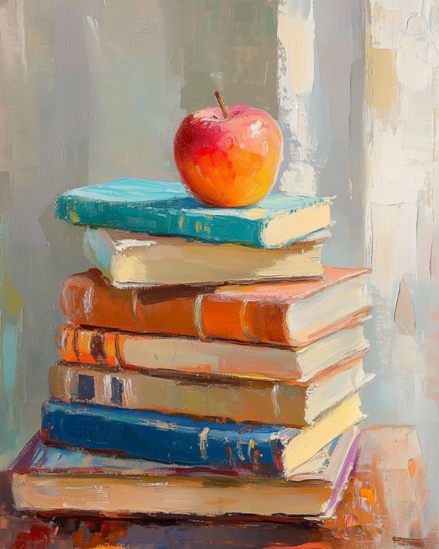 Stack of colourful books and a red apple, expressive oil painting for classrooms or studies