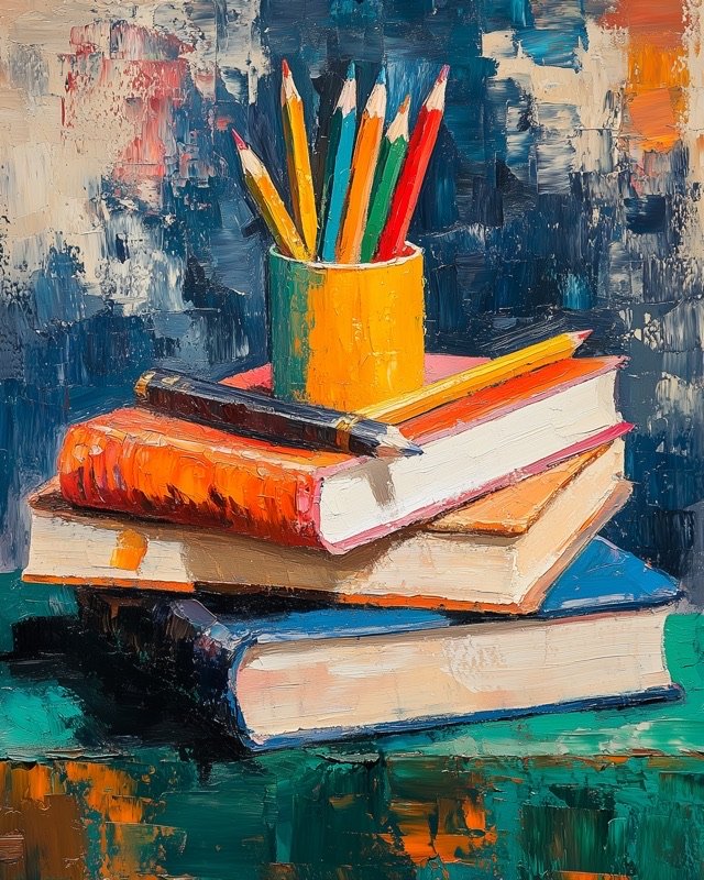 Overhead flat lay of books pencils and a ruler in muted earthy oil painting tones
