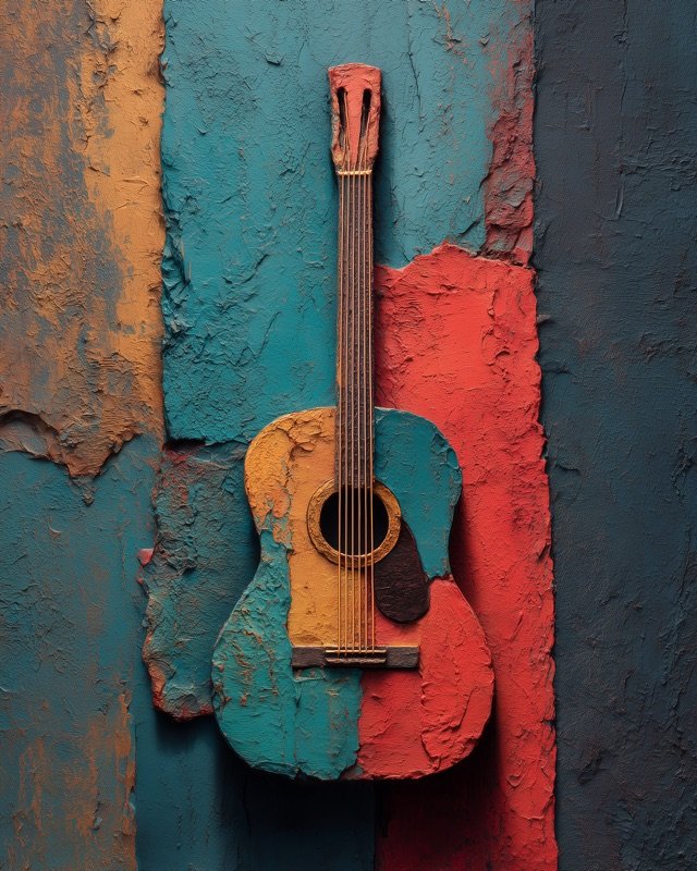 Acoustic guitar in a plaster-effect sculptural oil painting with dramatic textural depth