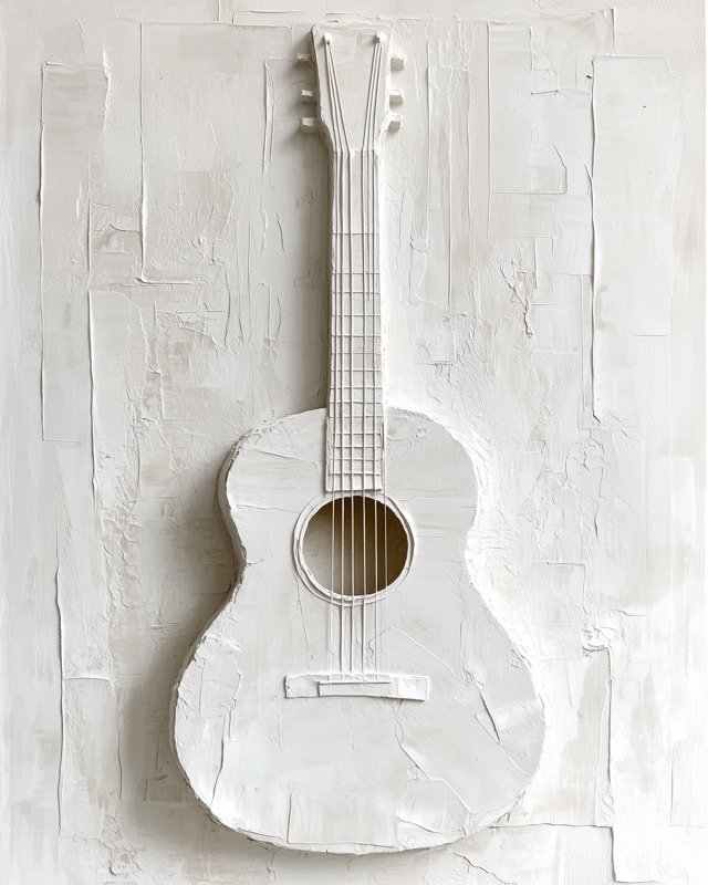 Acoustic guitar sculptural relief oil painting in warm neutral and cream tones