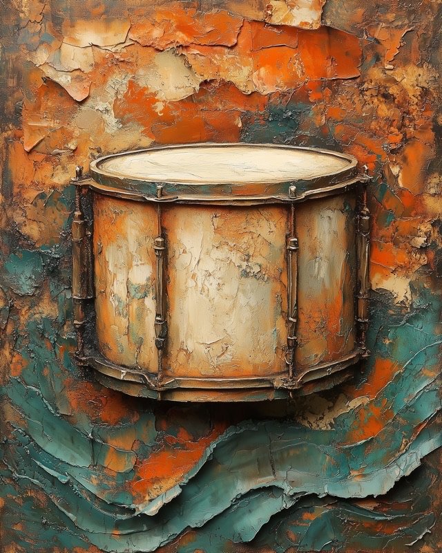 Snare drum in a detailed sculptural relief oil painting, music room wall art