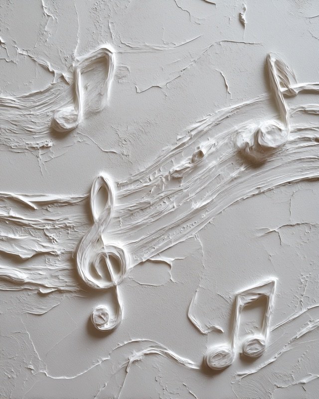 Musical notes sculpted in thick plaster texture, expressive oil painting for music lovers