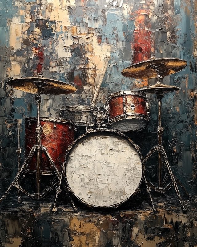 Full drum kit in a sharply defined sculptural relief oil painting with fine drum detail