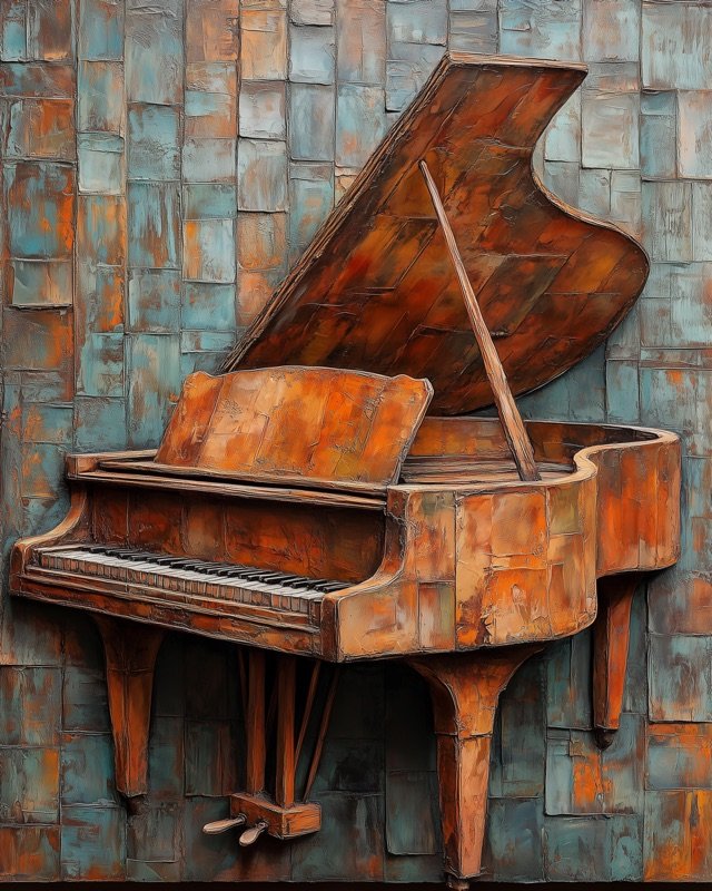 Grand piano depicted as a sculptural bas relief oil painting with dramatic side lighting