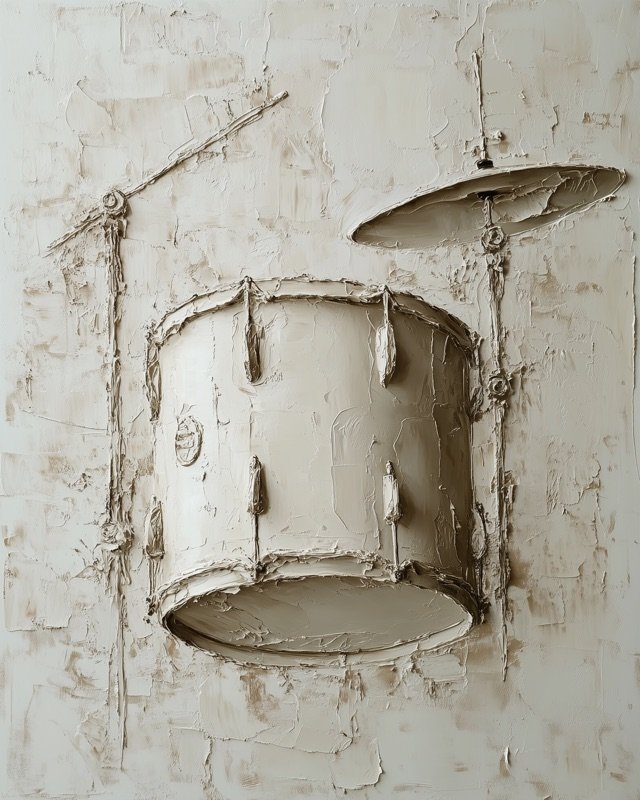 Acoustic drum with elegant shadow and fine surface detail in a sculptural relief oil painting
