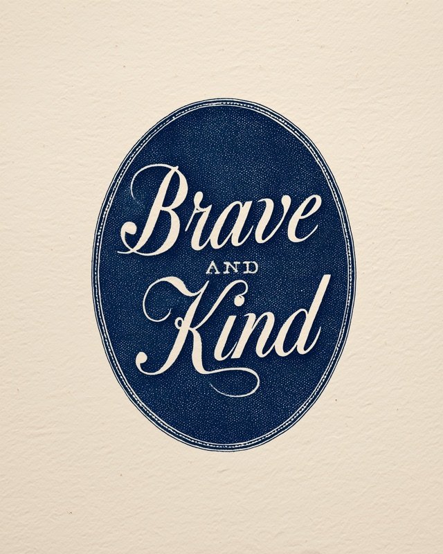 Brave and Kind nursery poster with cream script lettering inside a deep navy oval badge