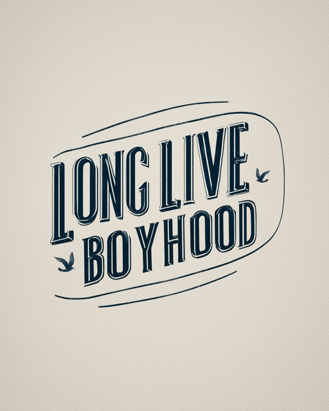 Long Live Boyhood retro nursery poster with navy lettering inside a curved hand-drawn banner