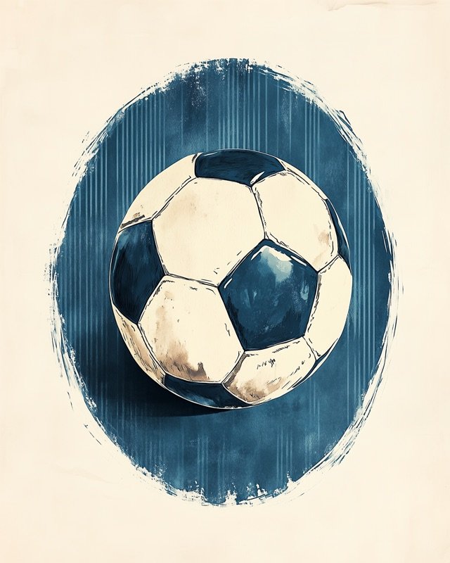 Vintage watercolour nursery print of a classic soccer ball in soft muted tones