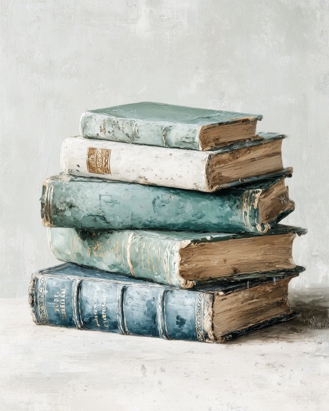 Oil painting of a stack of classic storybooks for a boys nursery or reading corner
