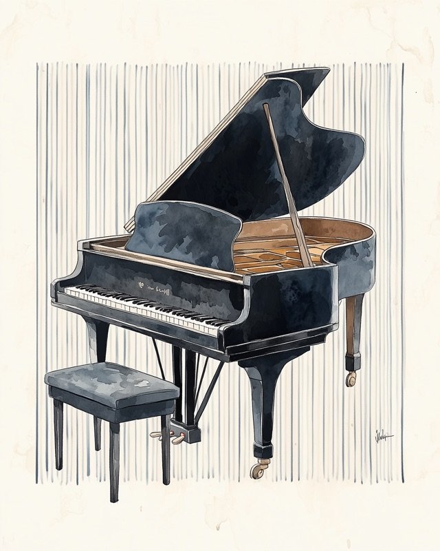 Oil painting of a grand piano in a warm and classic boys nursery art print style