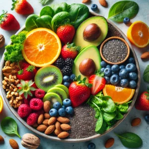 Colorful plate of fruits, vegetables, nuts and seeds