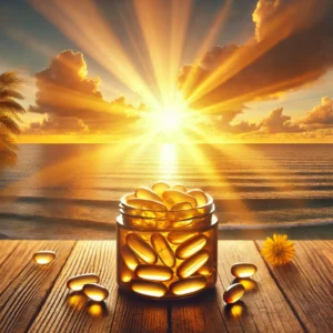 Sun rising over horizon with vitamin D capsules in foreground