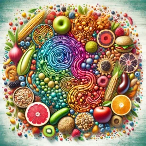 Artistic representation of gut microbiome diversity with fiber-rich foods]